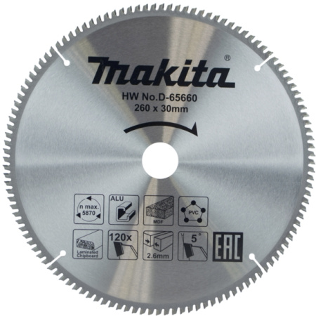 MAKITA Пильный диск универсальный для алюминия/дерева/пластика, 260x30x2.6/1.8x120T MAKITA D-65660